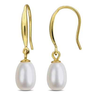 Miadora 6-7mm Cultured Freshwater Pearl Slim Shepherd Hook Earrings Yellow Plated Sterling Silver