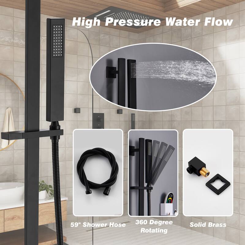 Luxury 5-Spray Patterns 28 in. Ceiling Mount Shower System with Handheld Shower Head, 3 Body Jets, LED, and Music - 16" x 28"