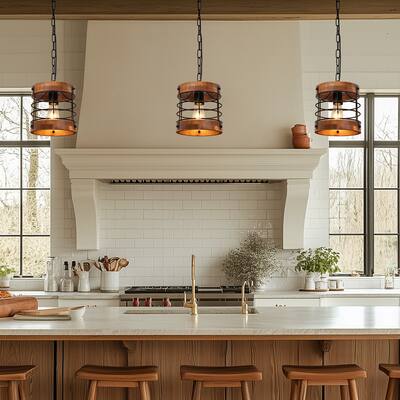 YANSUN Set of 2 Deep Wood 1-Light Drum Pendant Lights with E26 Base, Ideal for Cozy Dining and Living Spaces