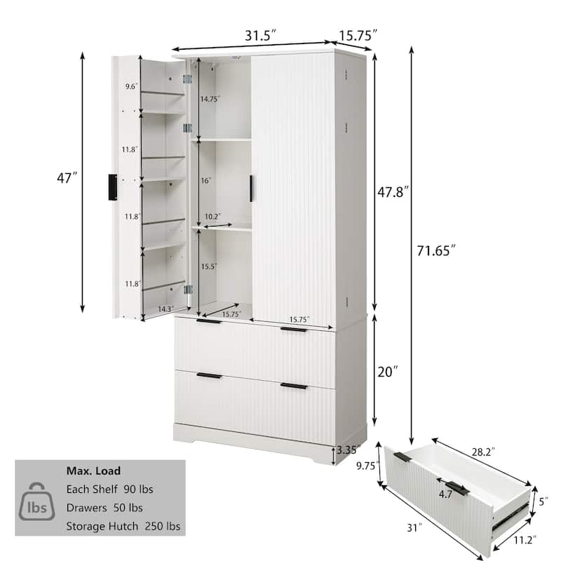Fluted Kitchen Pantry Cabinet, 2 Doors Freestanding Kitchen Storage Cabinet with 2 Drawers, 8 Spice Racks & Adjustable Shelves