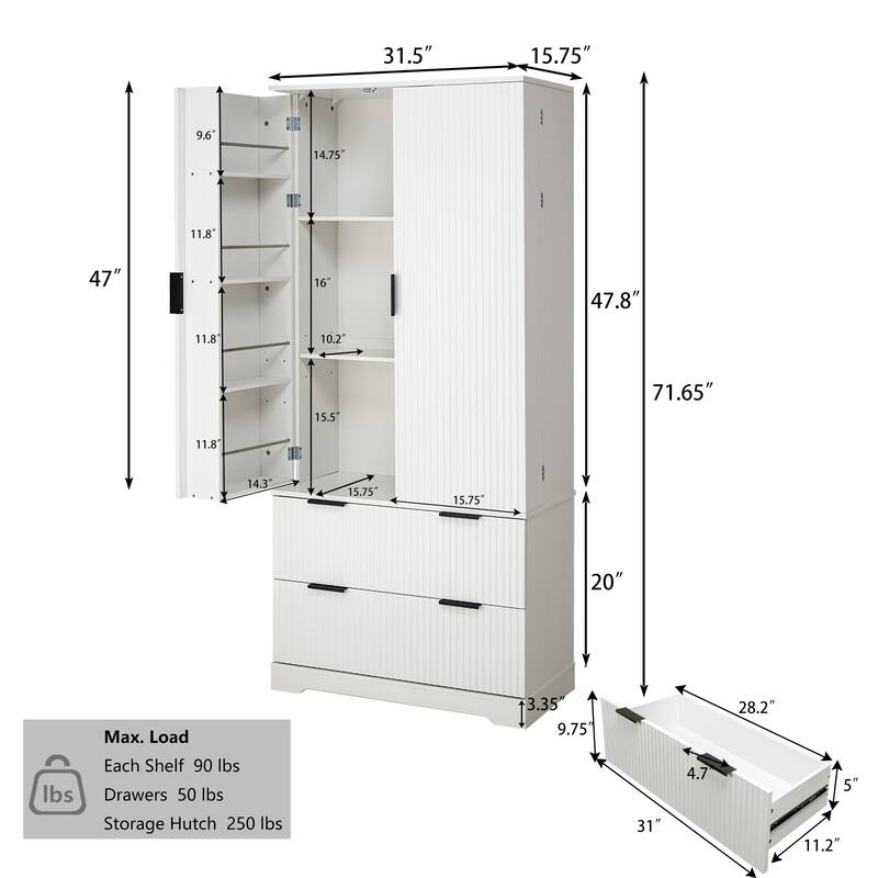 Roomfitters 72" Tall Fluted Kitchen Pantry Cabinet with 2 Large Deep Drawers & 8 Door Spice Racks