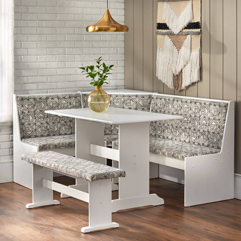 Simple Living 3-piece Lacey Upholstered Nook Set - White/Dark Grey Geo Print
