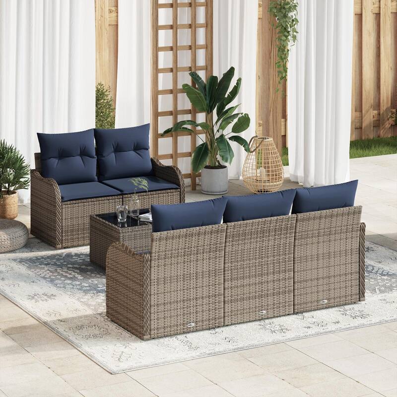 vidaXL 6 Garden Sofa Set with Cushions Black/Brown/Grey Poly Rattan - 69.3 x 24.4 x 27.2 - Grey