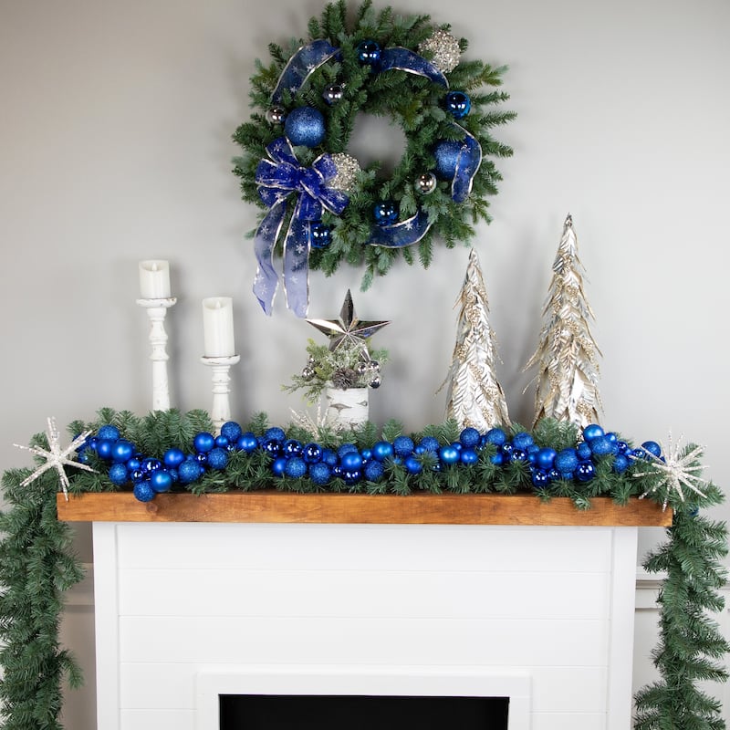 3-Finish Shatterproof Ball Christmas Garland - 6' x 3.5" - Blue - Unlit