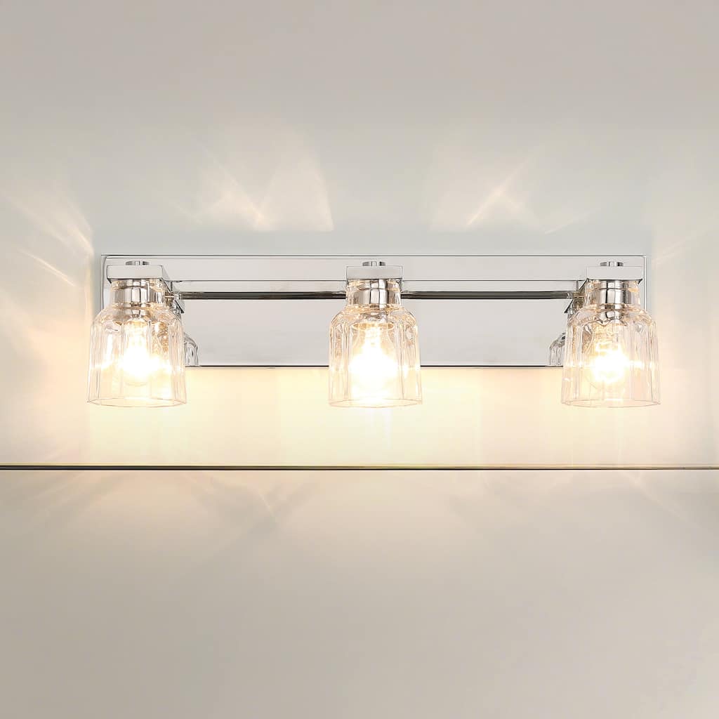 Thesis Dryden 24-inch 3-light Polished Nickel Vanity Light with Clear Ribbed Glass Shades