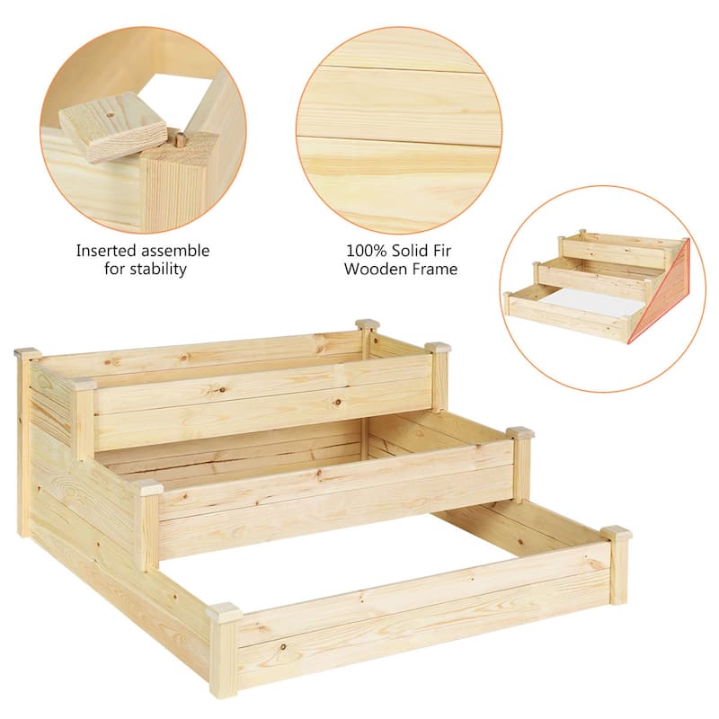 3-Tier Wooden Raised Bed Garden Planting Box Growing Flower Vegetables