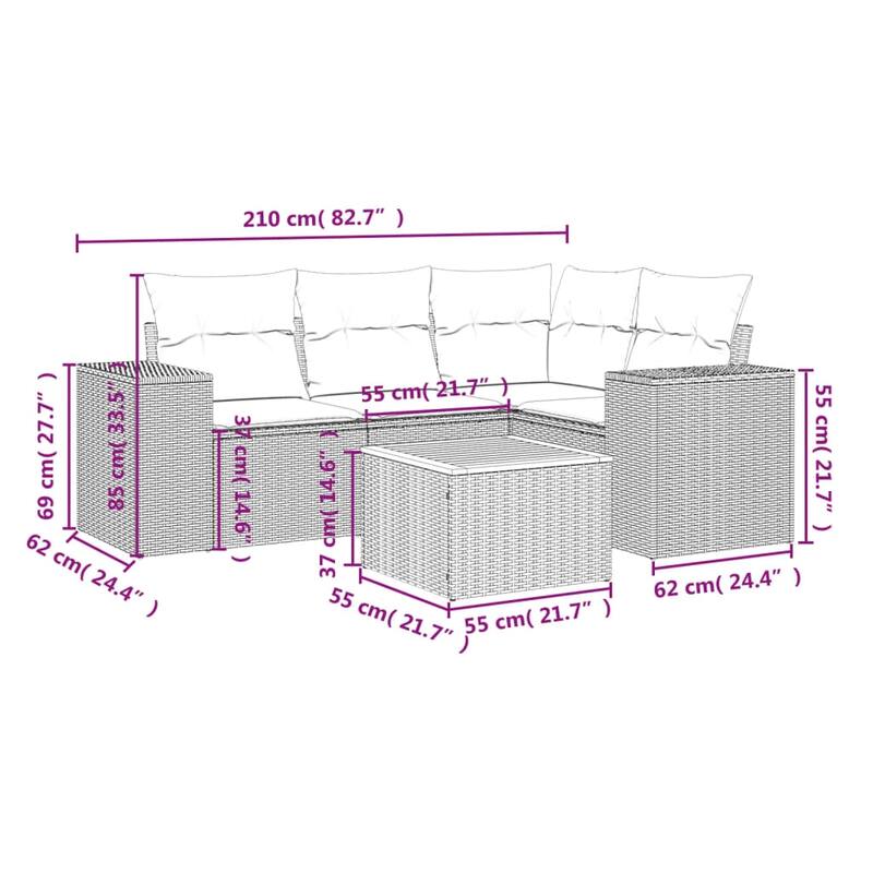 vidaXL Patio Sofa Set with Cushions Outdoor Furniture 5 Piece Poly Rattan - 24.4x 24.4x 27.2