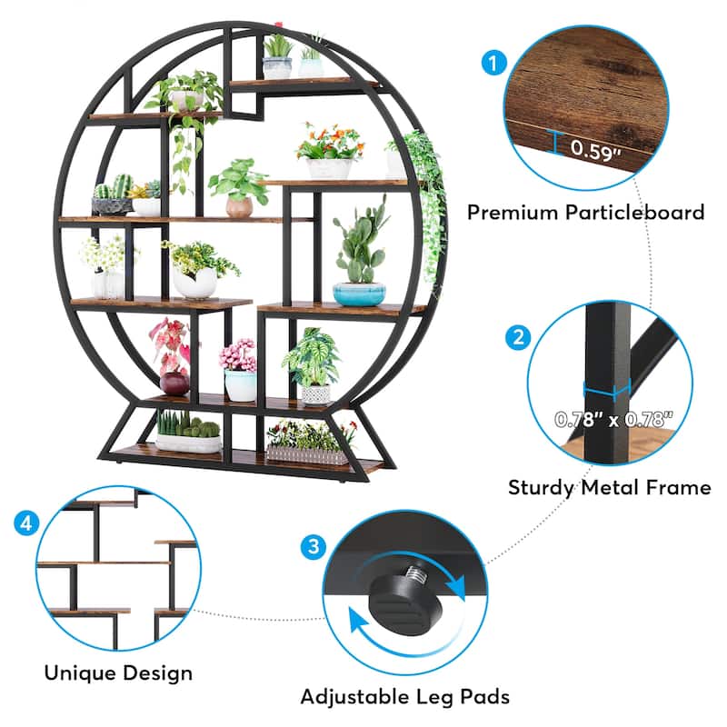 Industrial Round Bookshelf with 14 Shelving Units, Retro Organizer Rack Display Shelf - 59.06" L x 11.81" W x 62.99" H