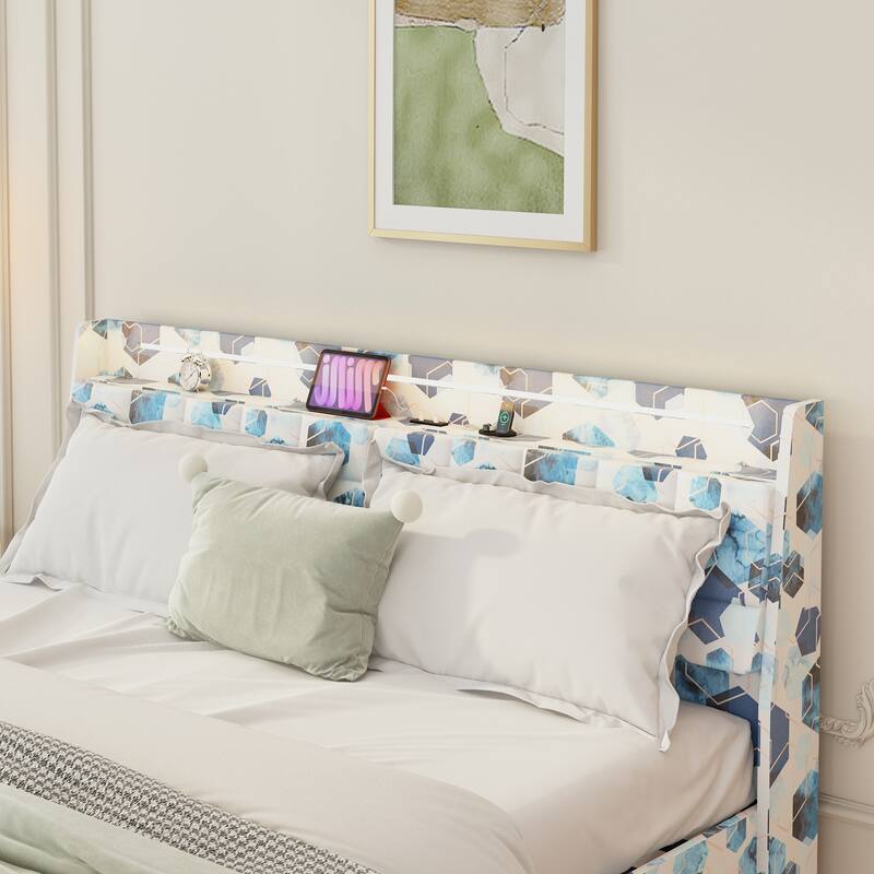 Queen Floating Bed Frame with LED Light and Charging Station Platform Bed with Headboard and Hidden Storage Space
