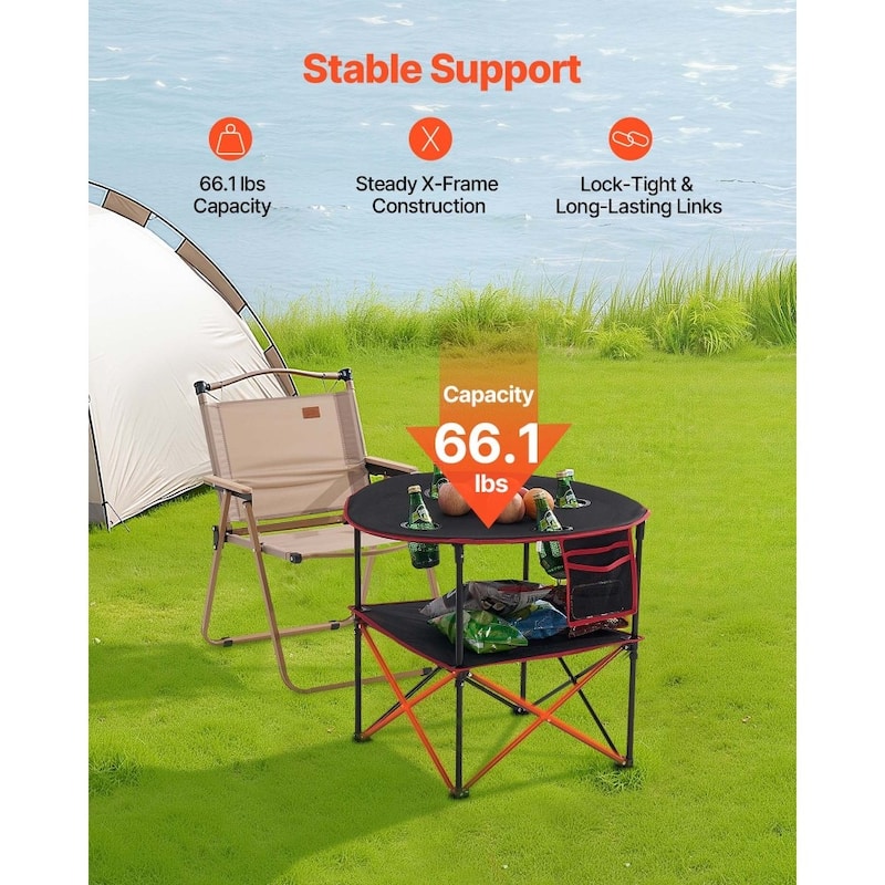 Black Foldable Camping Table with Waterproof Surface and 4 Cup Holders for Compact Travel Design