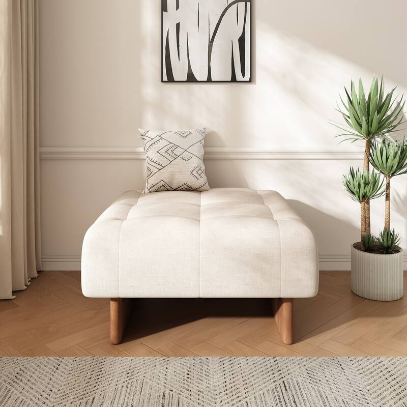 Roomfitters Square Upholstered Ottoman with Tufted Linen Fabric and Solid Wood Legs, Modern Accent Piece, Beige