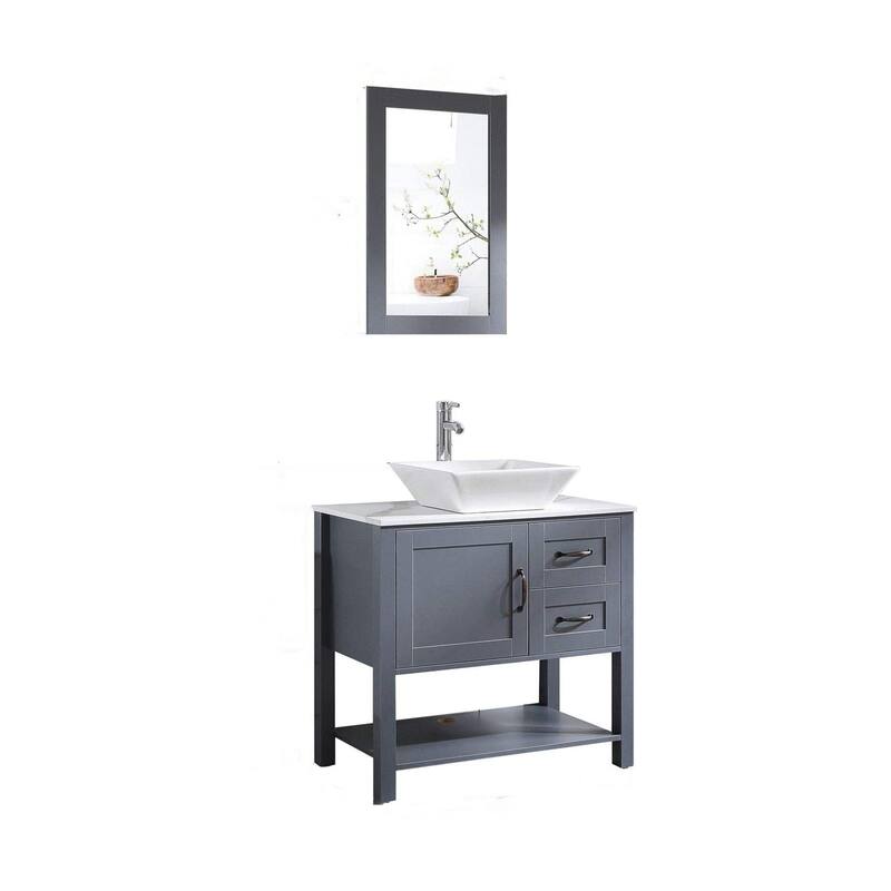 30 Inch MDF Freestanding Bathroom Vanity Set in Gray with Wood Top and Ceramic Sink and Faucet