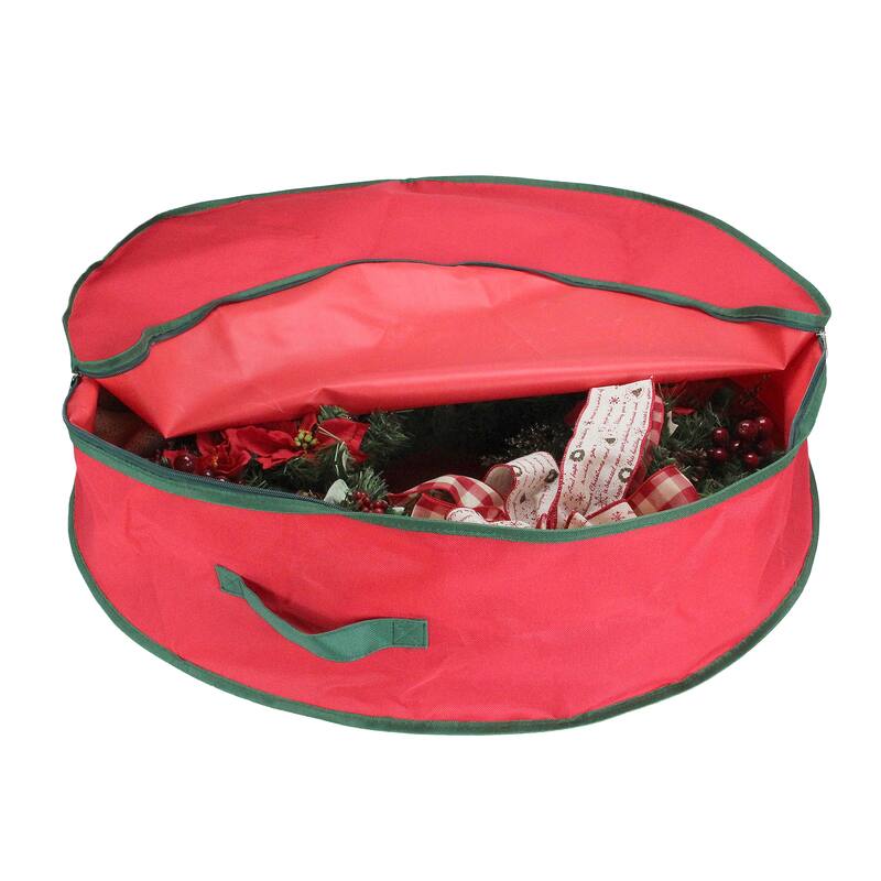 24" Red and Green Christmas Wreath Storage Bag