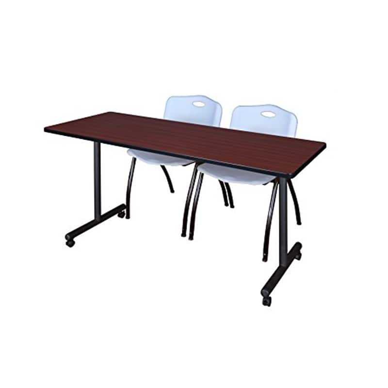 60" x 24" Mobile Training Table- Mahogany & 2 'M' Stack Chairs- Grey