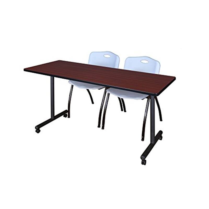 66" x 24" Mobile Training Table- Mahogany & 2 'M' Stack Chairs- Grey