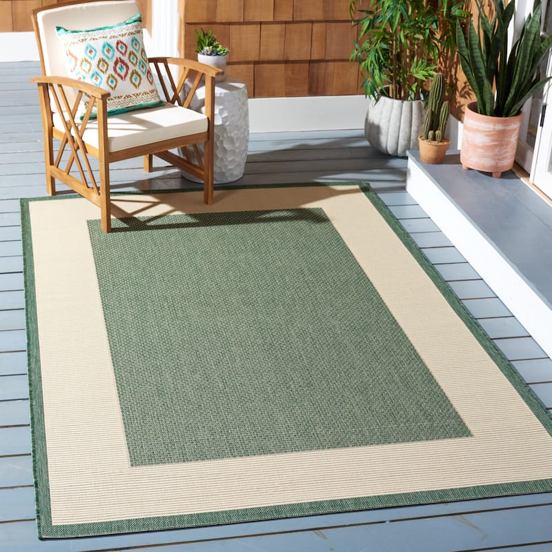 SAFAVIEH Courtyard Sherrie Border Indoor/ Outdoor Waterproof Patio Backyard Rug - 4' x 5'7" - Dark Green/Beige