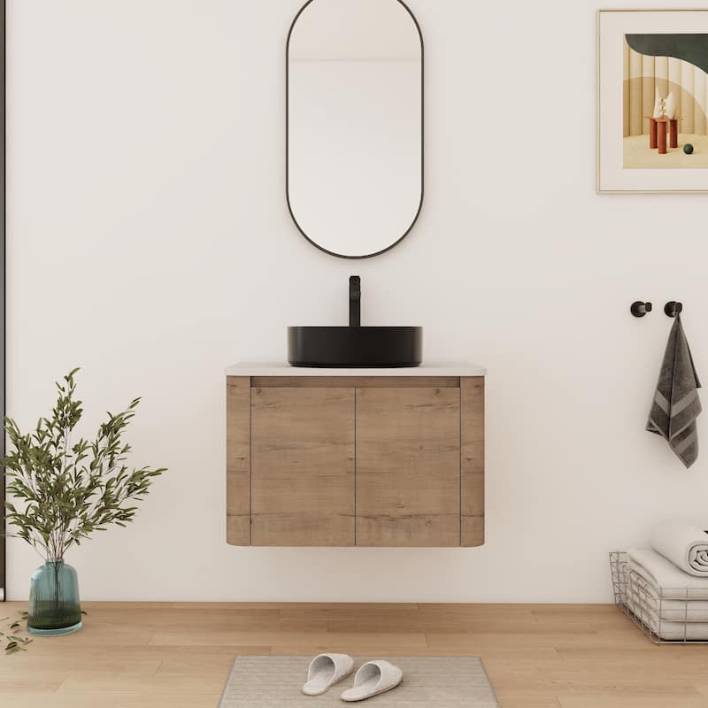 Bathroom Vanity With Sink In 24/30 Inch, Floating Bathroom Vanity With Soft Close Door - 29.5''W×18.6''D×24.4''H - Imitative Oak-Matt Black Sink