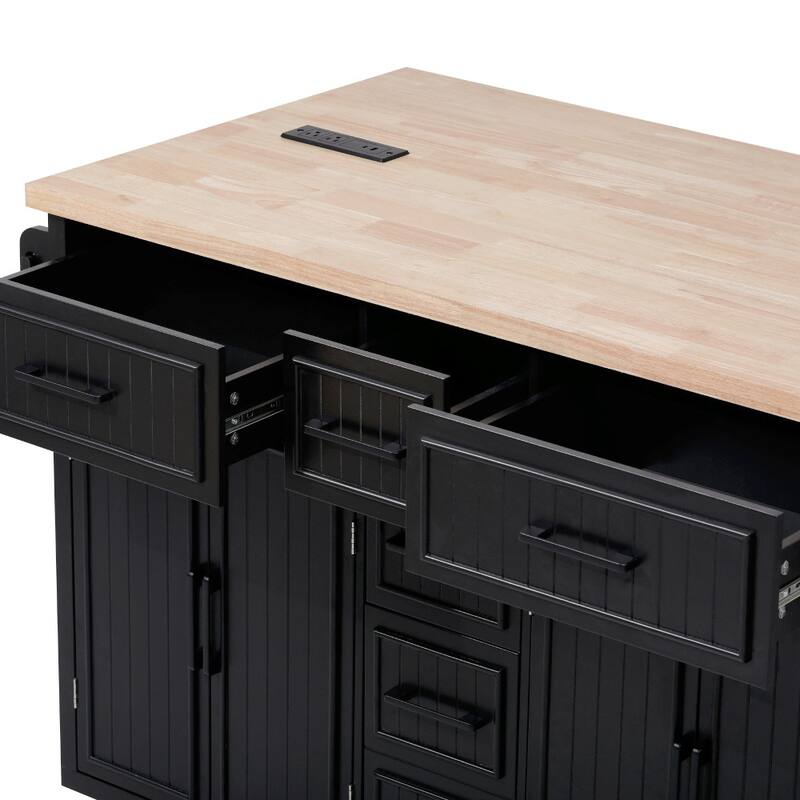 56.5'' Kitchen Island with Drop Leaf, Power Outlet, Embossed Vertical Stripe and Adjustable Shelves