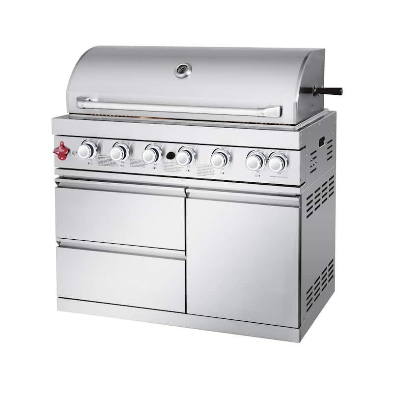 GDFStudio Kryvannon Stainless Steel Outdoor Kitchen Island Grill with 6 Burners and Compact Refrigerator