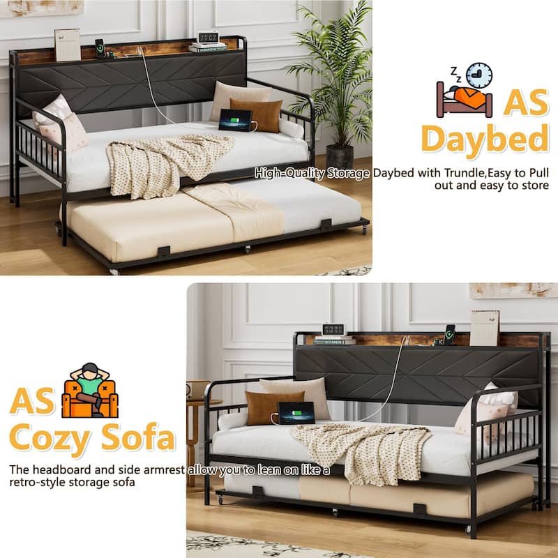 Javlergo Black Metal Daybed with USB Charging Pull-Out Trundle PU Leather Storage Headboard Space-Saving Sleeper Sofa Bed