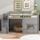 preview thumbnail 2 of 12, Gray Twin Size Low Loft Bed with Storage Staircase & Window, Solid Wood Loft Bed Children's Playhouse Bed Frame with Guardrails