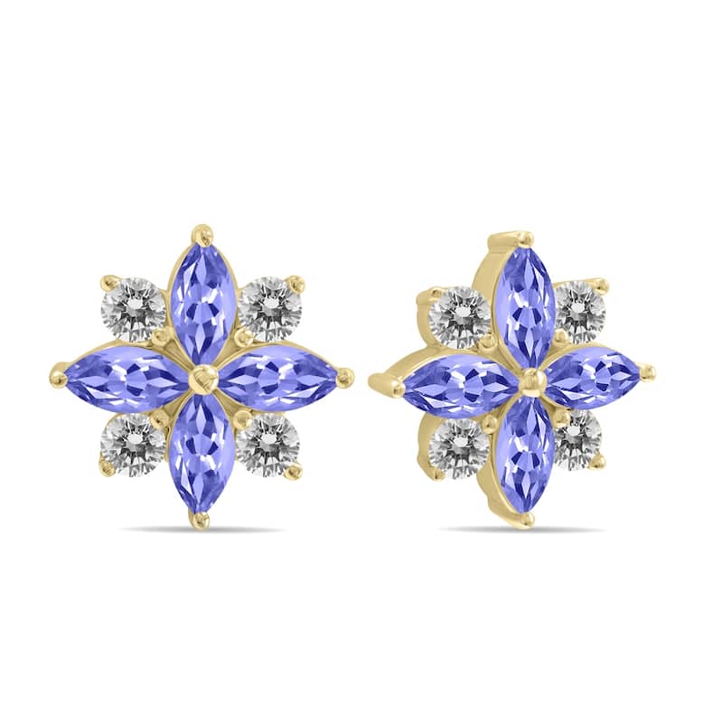 Marquee 1 Carat TW Tanzanite and Diamond Flower Earrings in 10K Yellow Gold