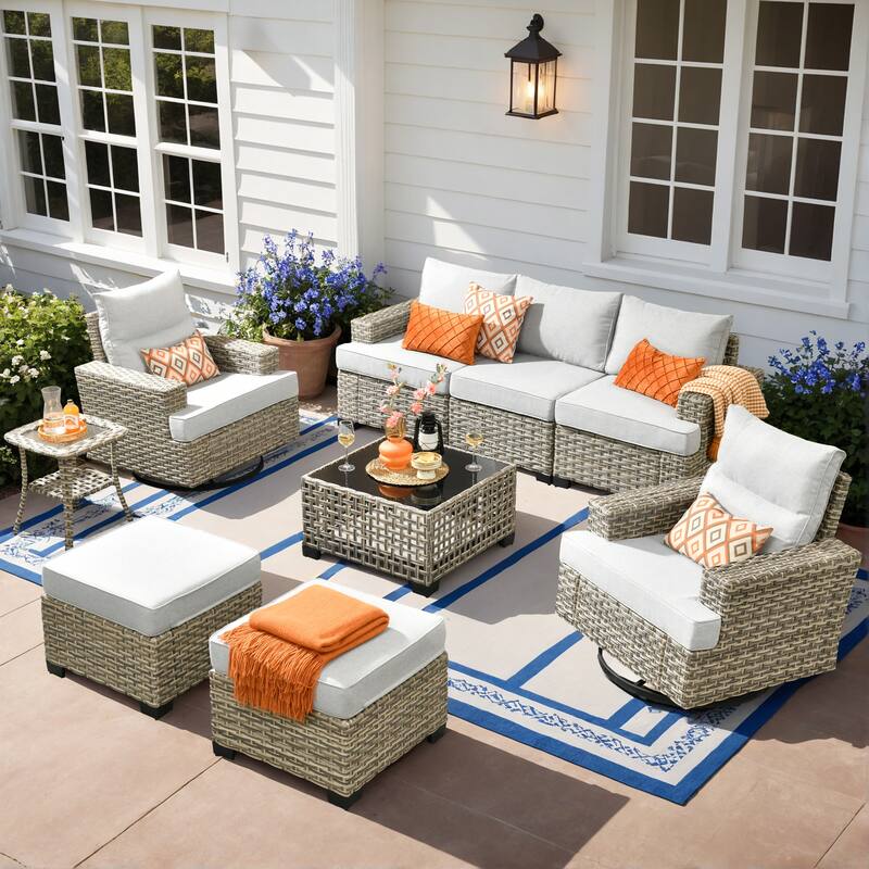 XIZZI 9-piece Outdoor Patio Wicker Furniture Swivel Chair Set - Grey