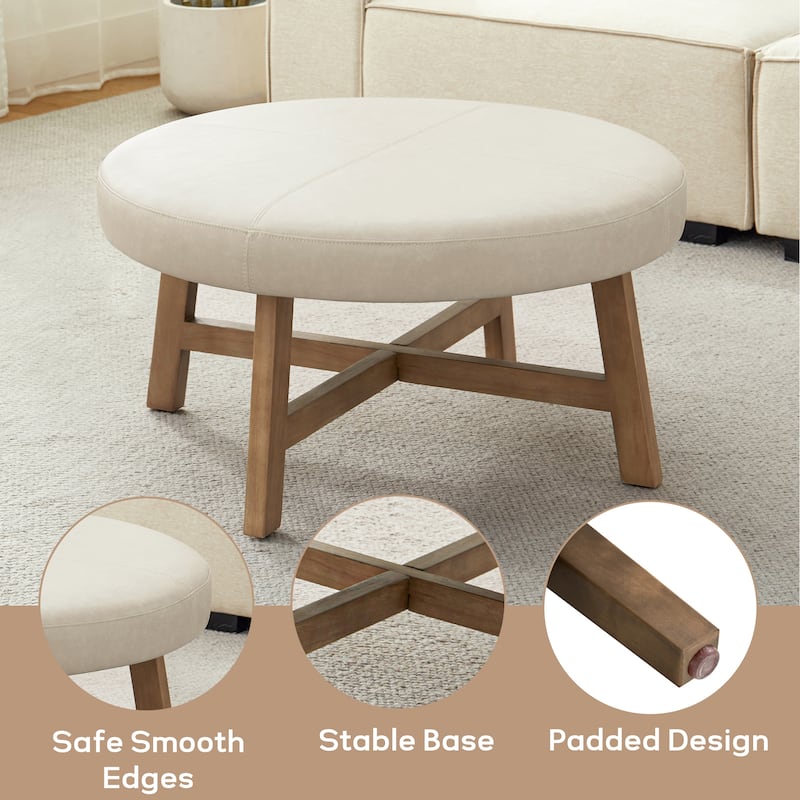 Round Upholstered Coffee Table with Solid Wood Base, Modern Fabric Ottoman Table for Living Room