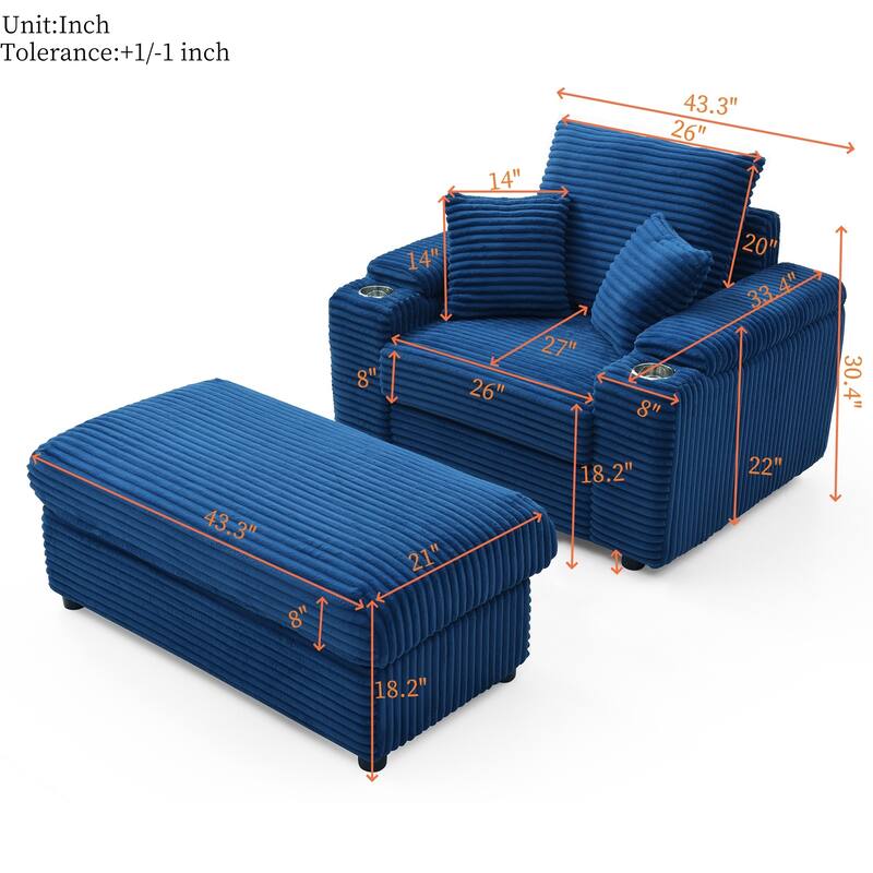 Modern 33.4" Upholstered Accent Chair with Ottoman and Large Seat for Living Room