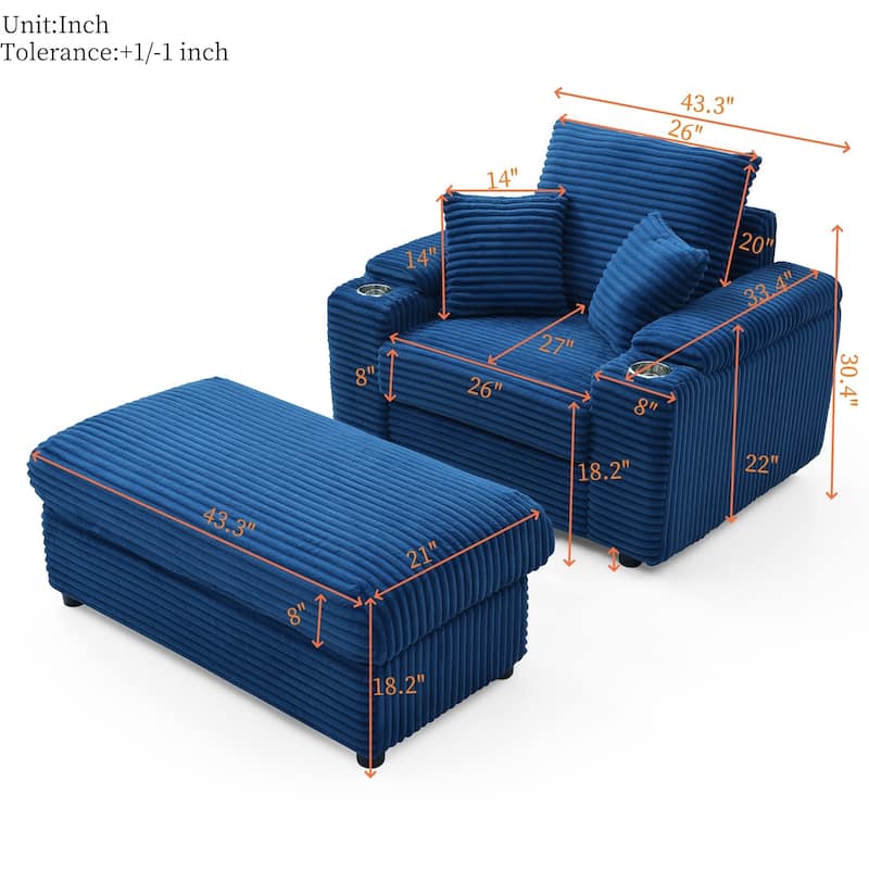 Set of 2 Sofa Armhair & Storage Ottoman, Corduroy Single Chaise Lounge with Extra Wide Armrests and Cup Holders