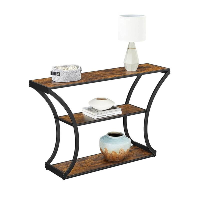 Black Metal Console Table with Curved Frames and 2 Open Wood Shelves for Modern Entryway or Living Room