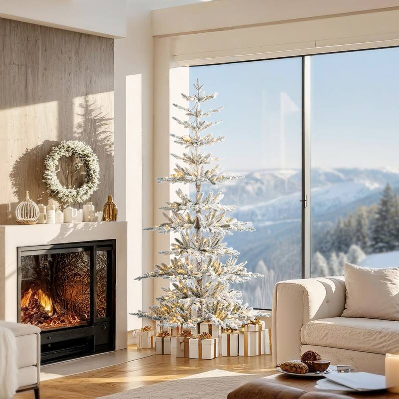 Glitzhome 6ft/7ft/9ft Deluxe Pre-Lit Flocked Slim Fir Artificial Christmas Tree with Warm White Lights