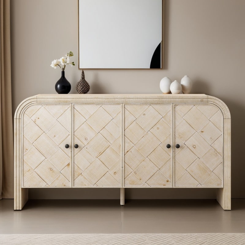 Luxury Multi-Functional MDF Sideboard- woven Wood Slat Doors, Tiered Stepped Design & Premium Solid Wood Veneer - Beige Brown