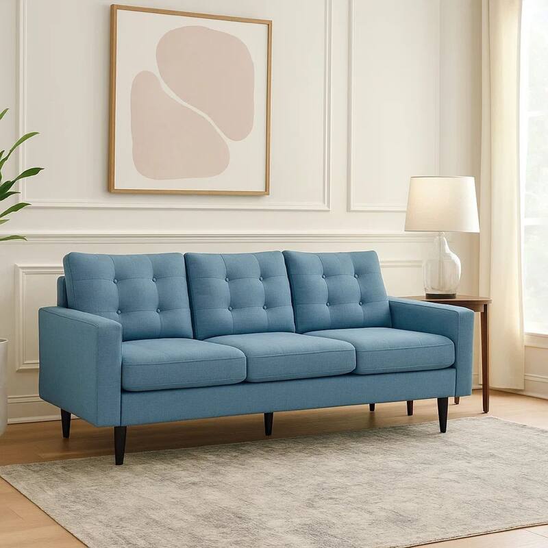 Apex Sofa, 3 Seater, 83 Inch, Button Tufted, Light Blue Fabric, Black