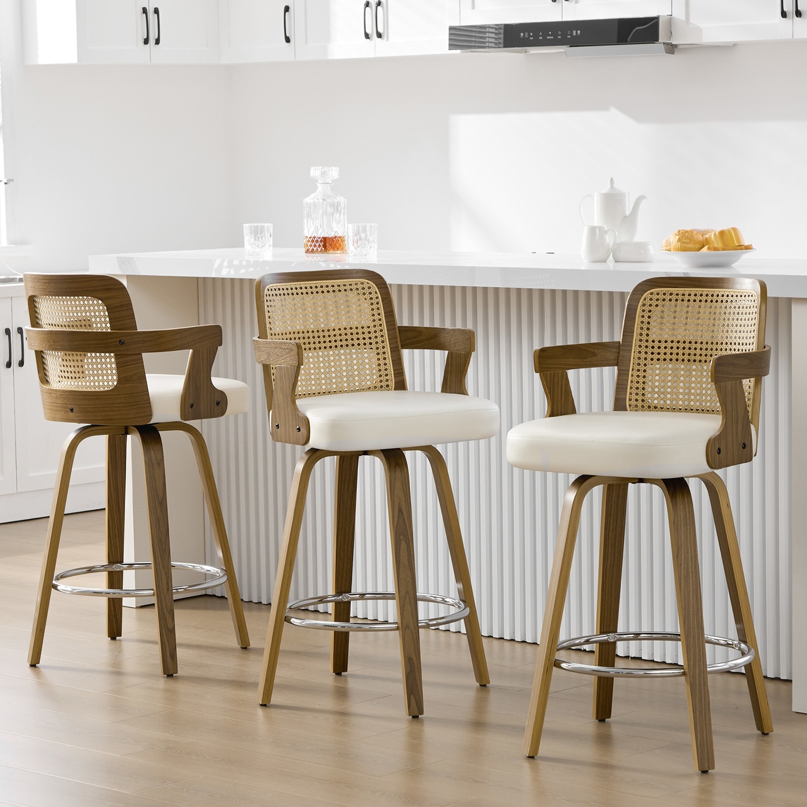 Upholstered Wood Swivel Counter Height Barstool with Arms
