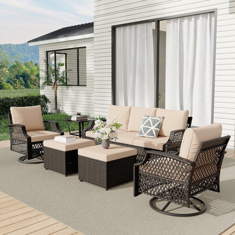 Outdoor Wicker Patio Set w Swivel Chairs & Sofa, Ottomans and Tables, Modular 3/5/6/7-Piece, All-Weather Conversation Set.