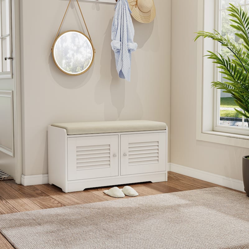 28.74" Shoe Storage Bench with 2 Door Cabinet, Entryway Bench with White Shoe Storage, Shoe Bench with Cushion
