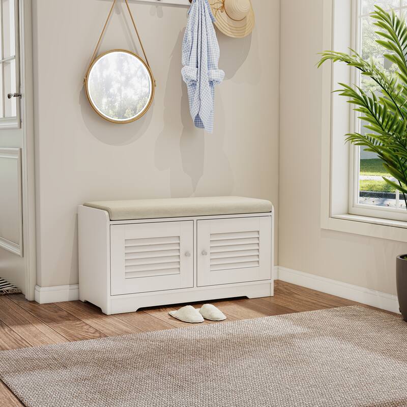 Anmytek Entryway Storage Bench with Cushion Shoe Organizer Seat for Small Spaces Modern White