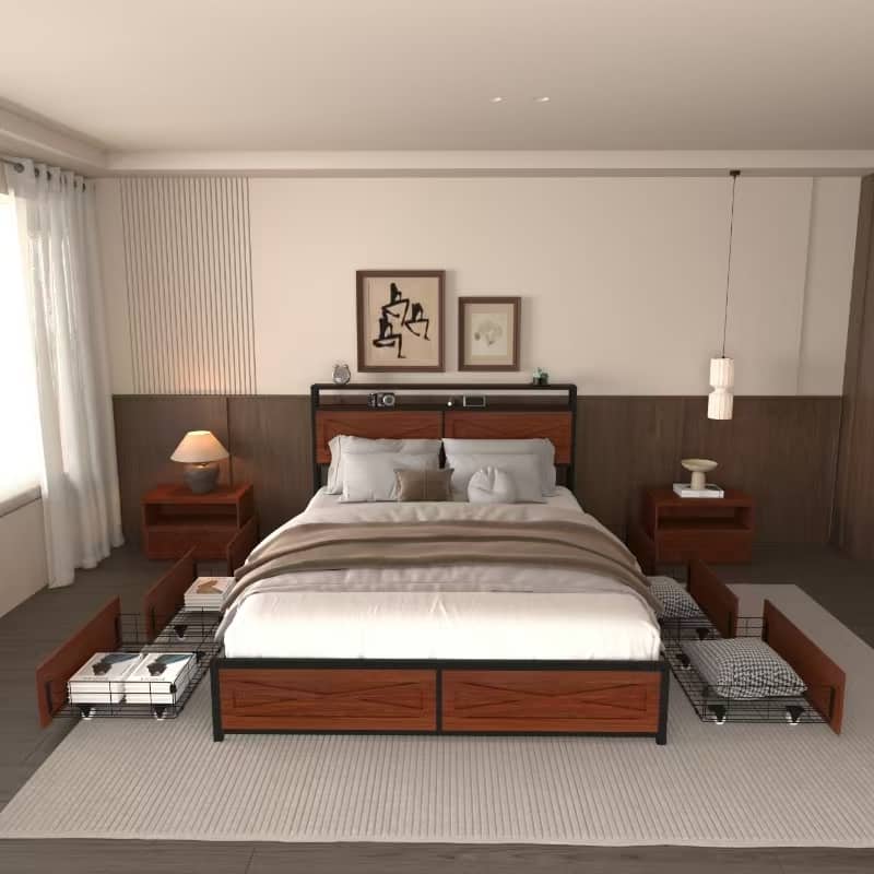 Full Bed Frame with Storage Drawers, Charging Station, RGB LED Lighting, Easy Assembly, Durable Metal Construction