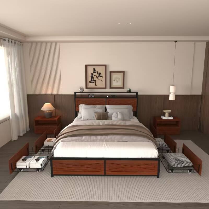 Full Bed Frame with Storage Drawers, Charging Station, RGB LED Lighting, and Headboard Shelf - No Box Spring Needed