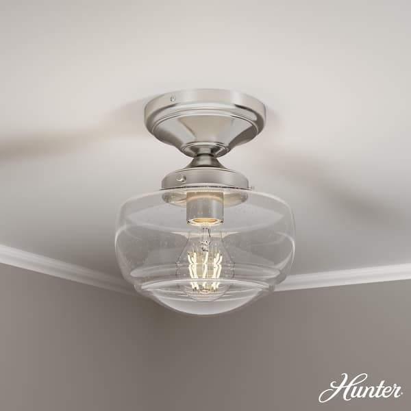slide 2 of 8, Hunter Saddle Creek 1 Light Contemporary Schoolhouse Flush Mount Ceiling Light - Bathroom, Hallway, Bedroom, Entry - Damp Rated! Brushed Nickel- Clear Seeded Glass