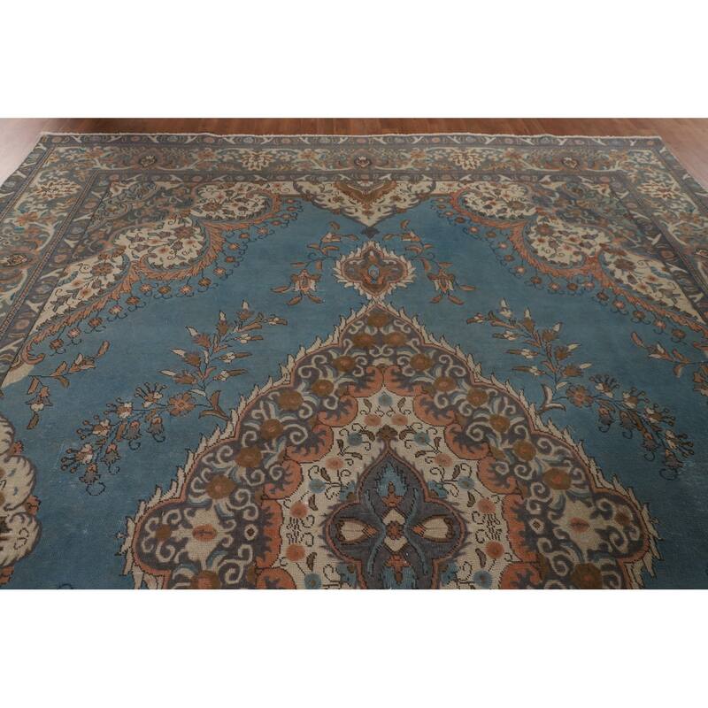 Over Dyed Tabriz Persian Vintage Rug Handmade Blue Wool Carpet - 9'10"x 12'11"