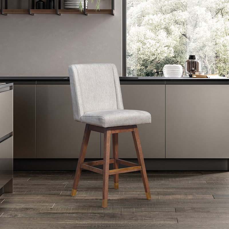 Stancoste Wingback Swivel Bar or Counter Stool with Wood Legs - Brown & Beige Fabric - Counter Height