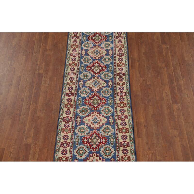 Kazak Runner Rug Hand-Knotted Traditional Blue Wool Carpet - 2'7" x 13'1"