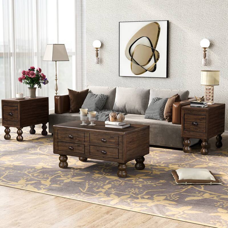 Solid Wood End Table, Rectangle 23.6 inch Narrow Side Table with Drawer, Vintage Bedside - Espresso