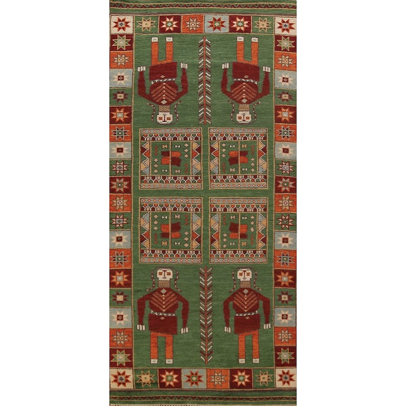 Tribal Green Kazak Indian Runner Rug Hand-Knotted Wool Carpet - 3'11"x 9'10"