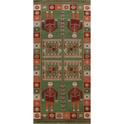 Tribal Green Kazak Indian Runner Rug Hand-Knotted Wool Carpet - 3'11"x 9'10"