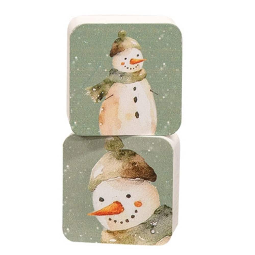 Sage Green Wood Winter Forest Snowman Blocks Set for Tabletop and Shelf Decor, 2 Asstd - 2” L X 1” W x 2” H