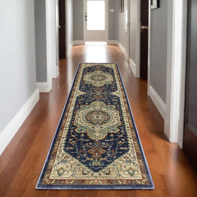 HomeRootsOriental Traditional Rectangle Area Rug - 92.52' X '26.77' X '0.32 - Blue/Ivory/Gray