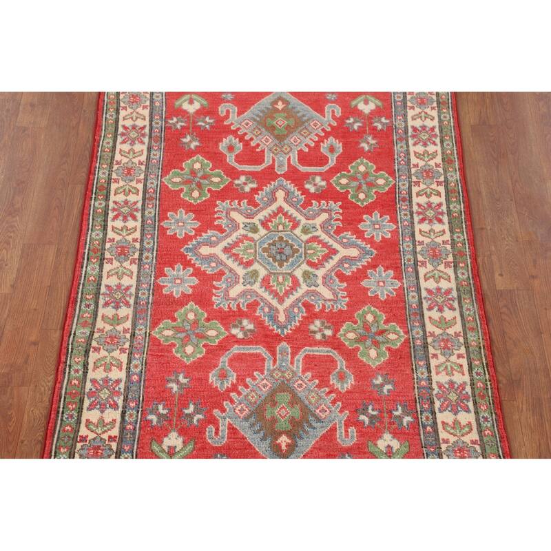 Geometric Orange Kazak Rug Hand-Knotted Wool Carpet - 3'4" x 5'0"